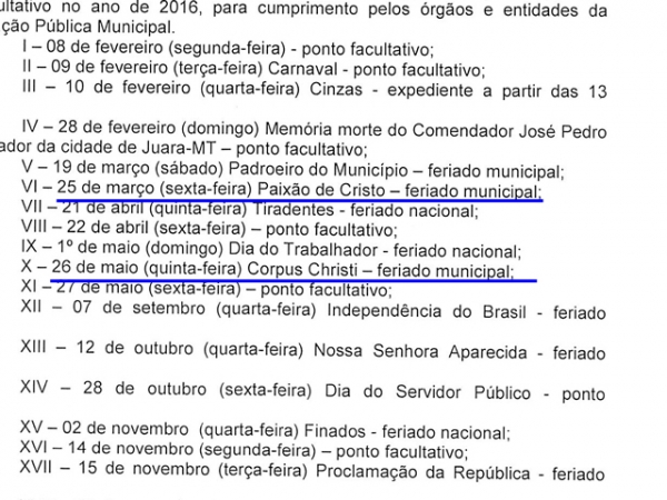 Corpus Christi e sexta-feira Santa viram feriados municipais em Juara.