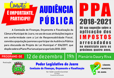C�mara realiza hoje, Audi�ncia P�blica do PPA. Popula��o � quem decide qual a Juara que quer.
