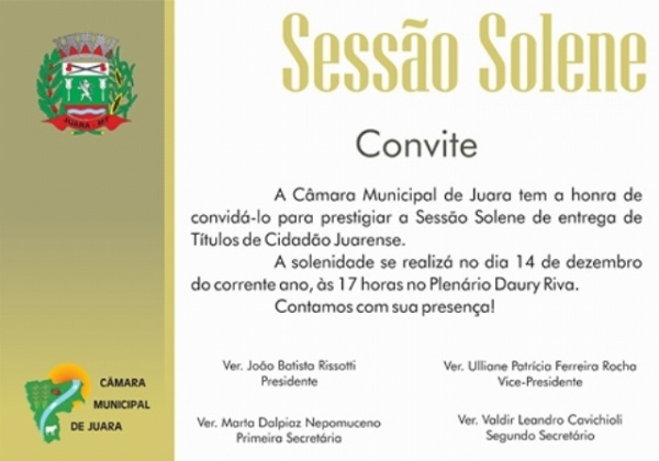 Sess�o Solene da C�mara vai homenagear v�rias pessoas com T�tulo de Cidadania.