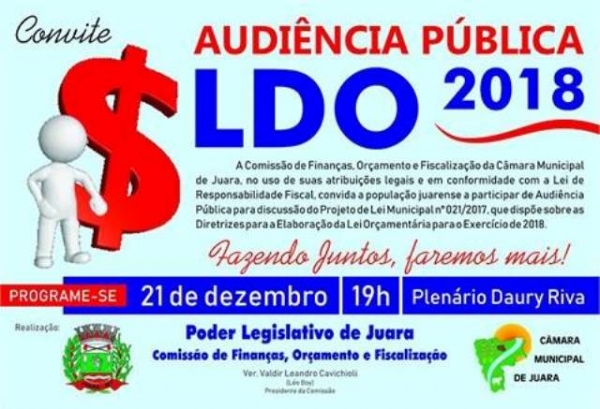 LDO/2018 ser� debatida em Audi�ncia P�blica nesta quinta-feira, dia 21.