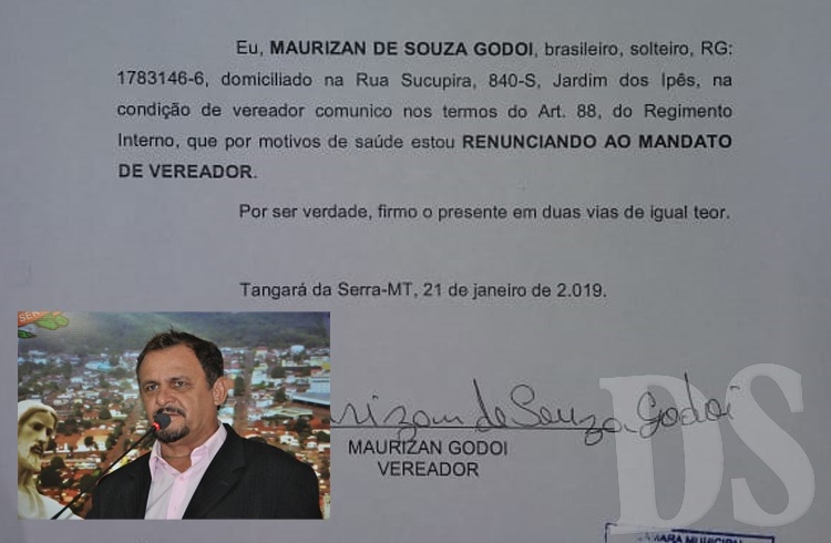Alegando problemas de sa�de, vereador Maurizan, de Tangar� da Serra renuncia ao mandato.