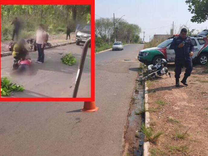 Mulher tem perna dilacerada em acidente de moto provocado por um buraco em V�rzea Grande