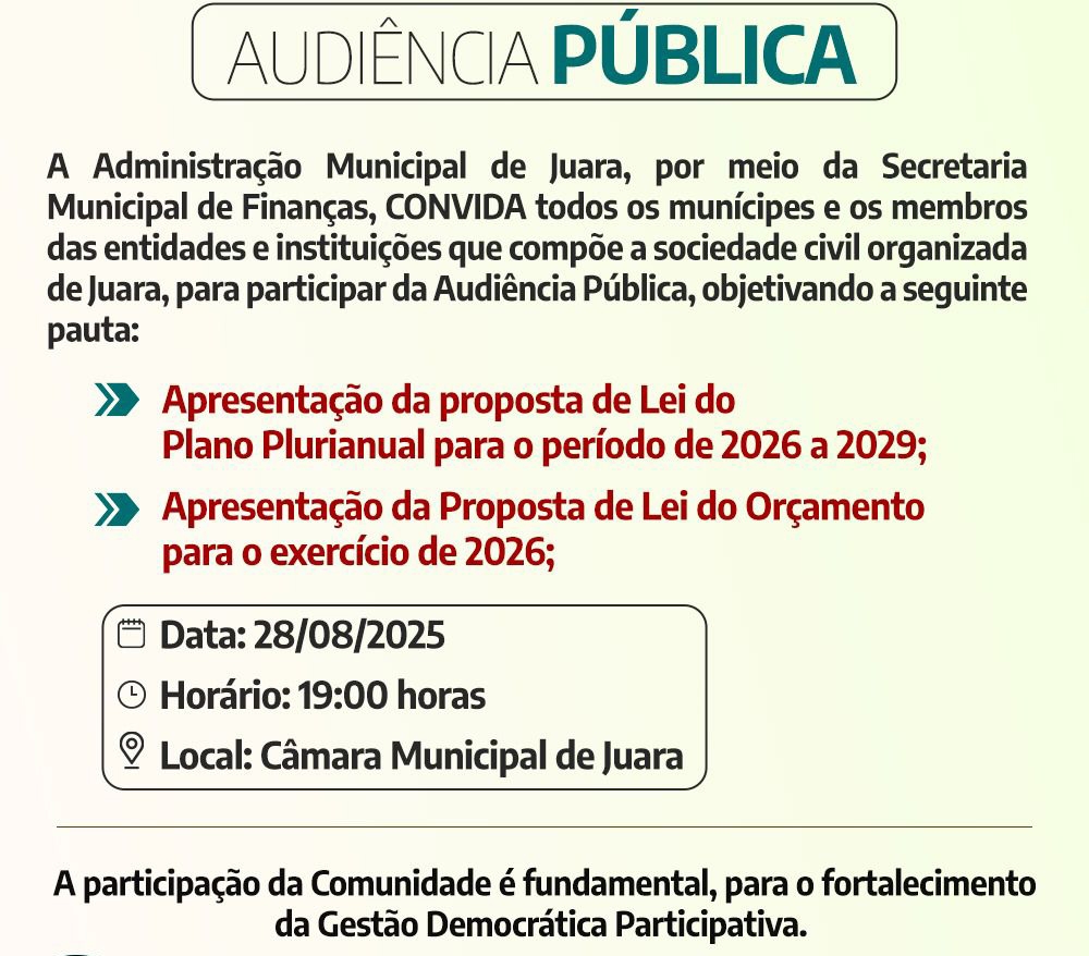 Juara realizar� audi�ncia p�blica para discutir Plano Plurianual e Or�amento de 2026