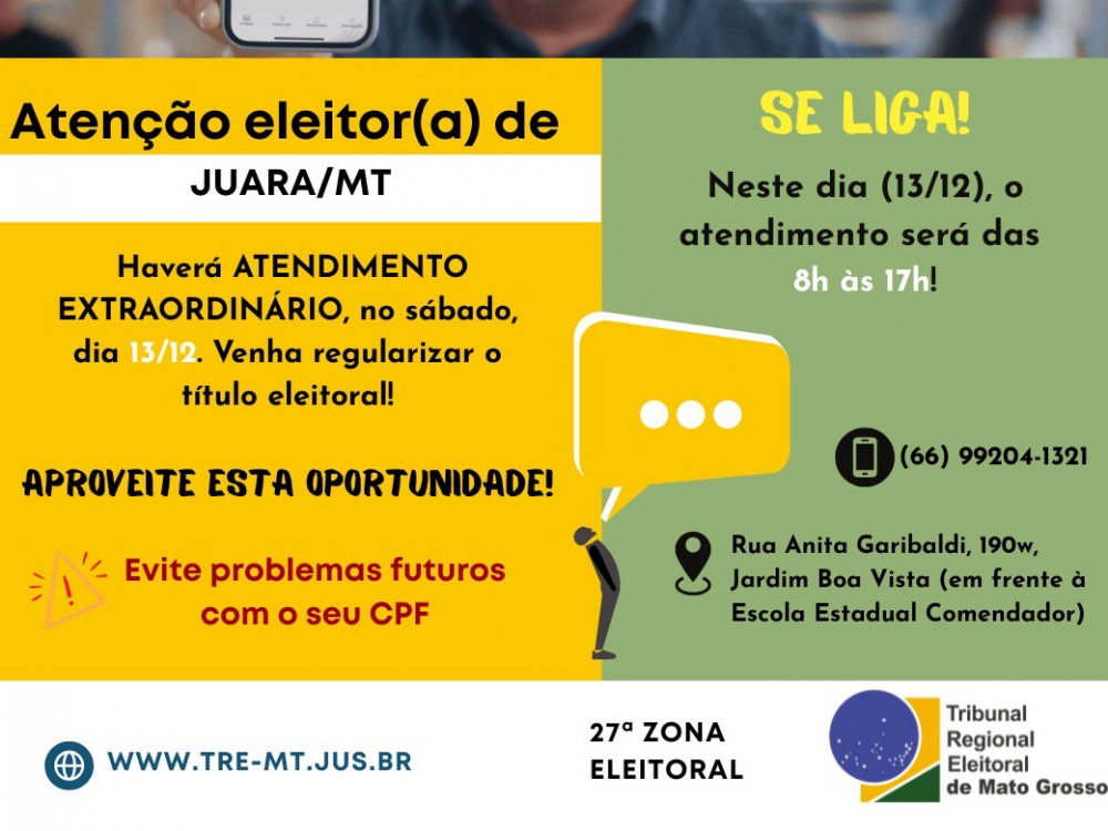 Juara ter� atendimento extraordin�rio para regulariza��o eleitoral no s�bado, dia 13/12