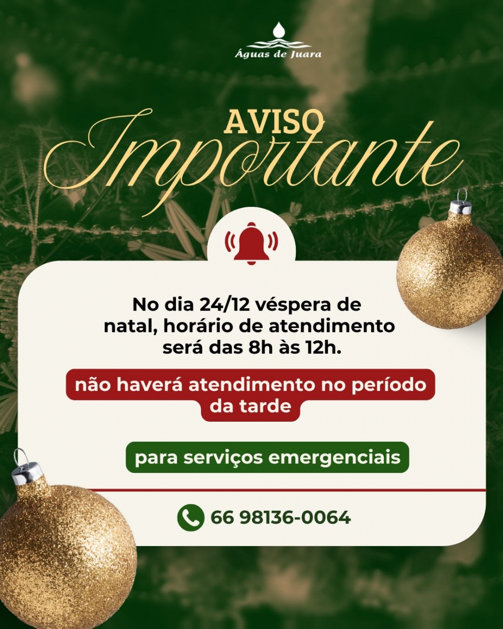 �guas de Juara informa hor�rio especial de atendimento na v�spera de Natal