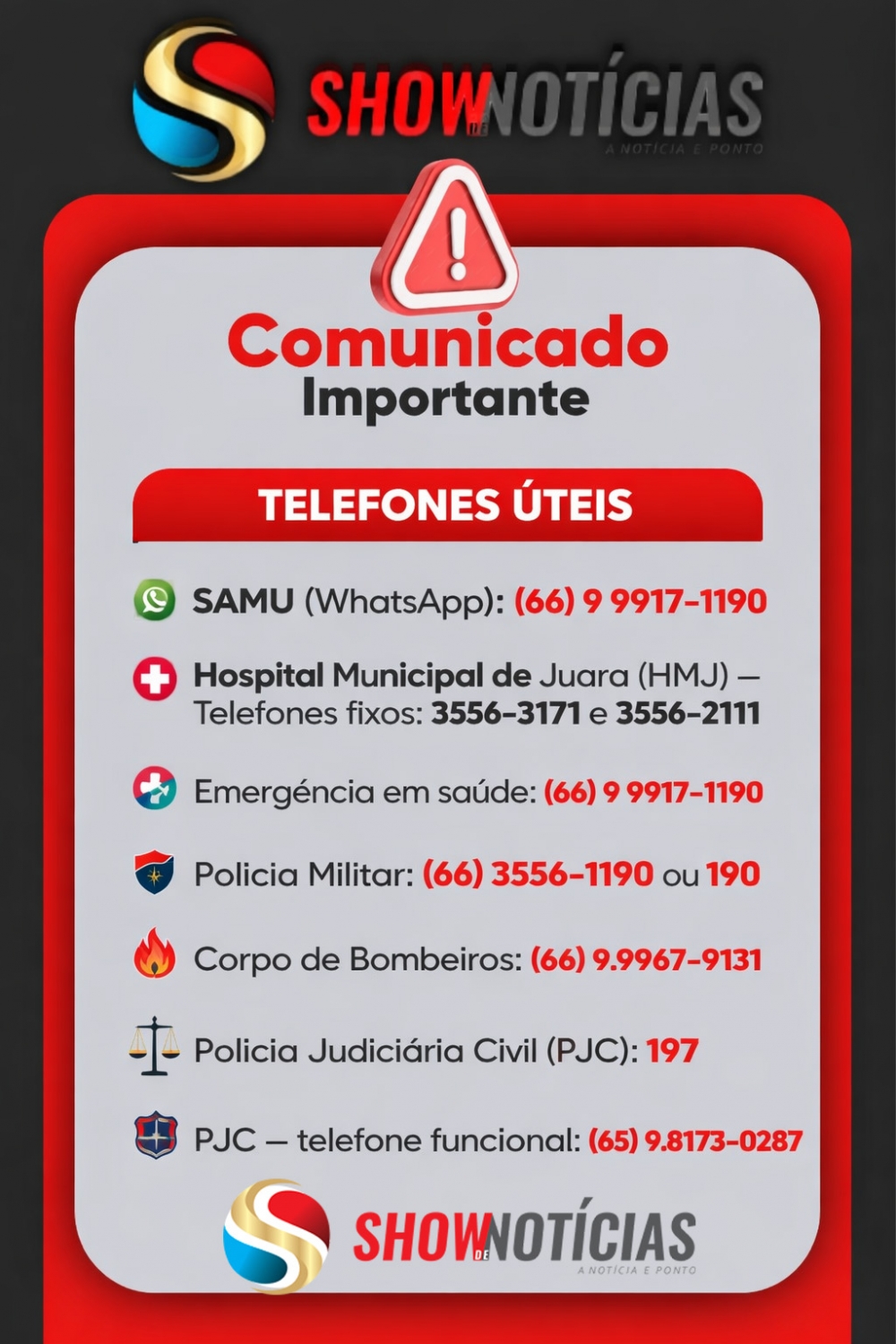 Show de Not�cias divulga telefones �teis para emerg�ncias durante as festividades de fim de ano