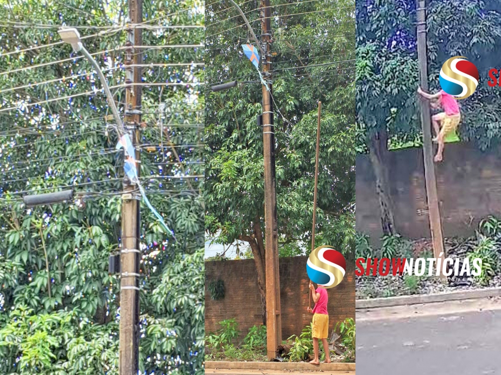 Meninos se arriscam ao tentar resgatar pipas presas em fios de alta tens�o no Bairro Porto Seguro, em Juara