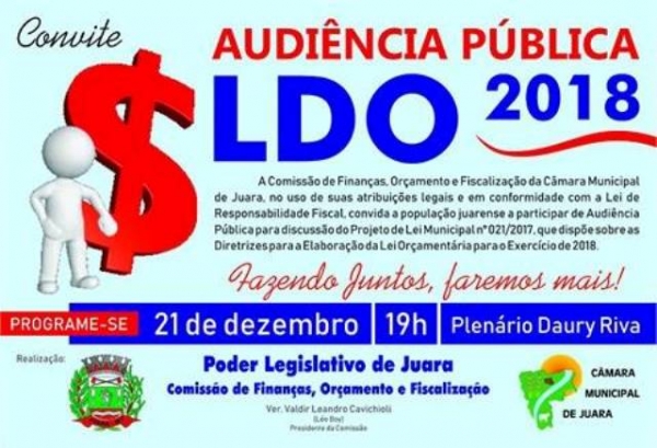 LDO/2018 ser debatida em Audincia Pblica nesta quinta-feira, dia 21.