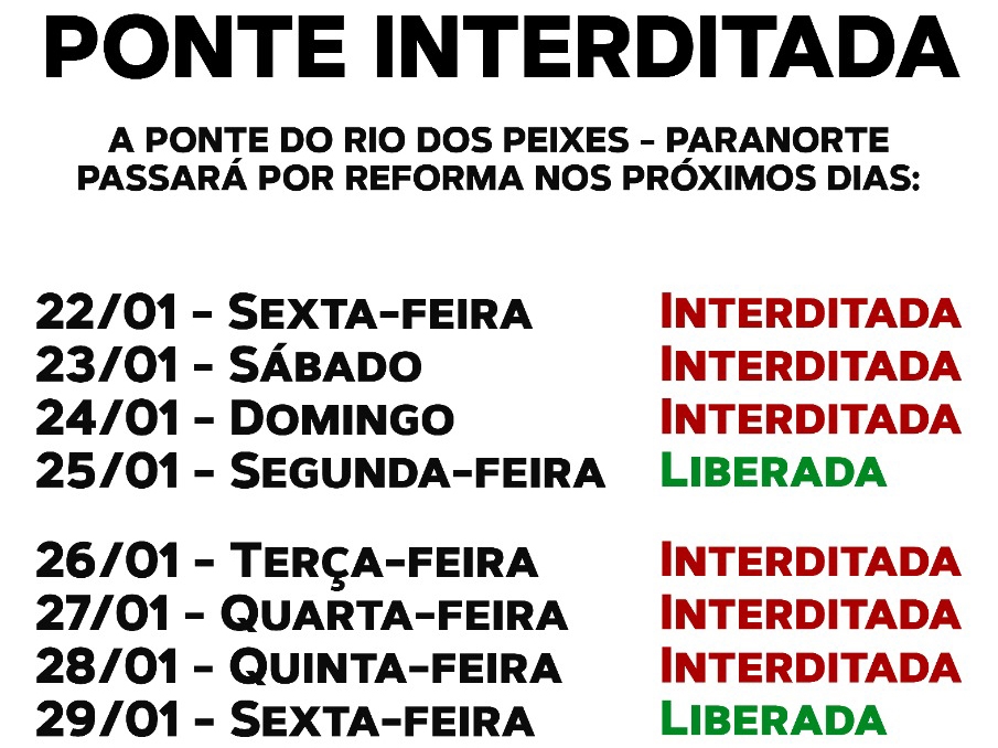 Ponte sobre o Rio dos Peixes, na estrada da Paranorte ser� interditada para reparos