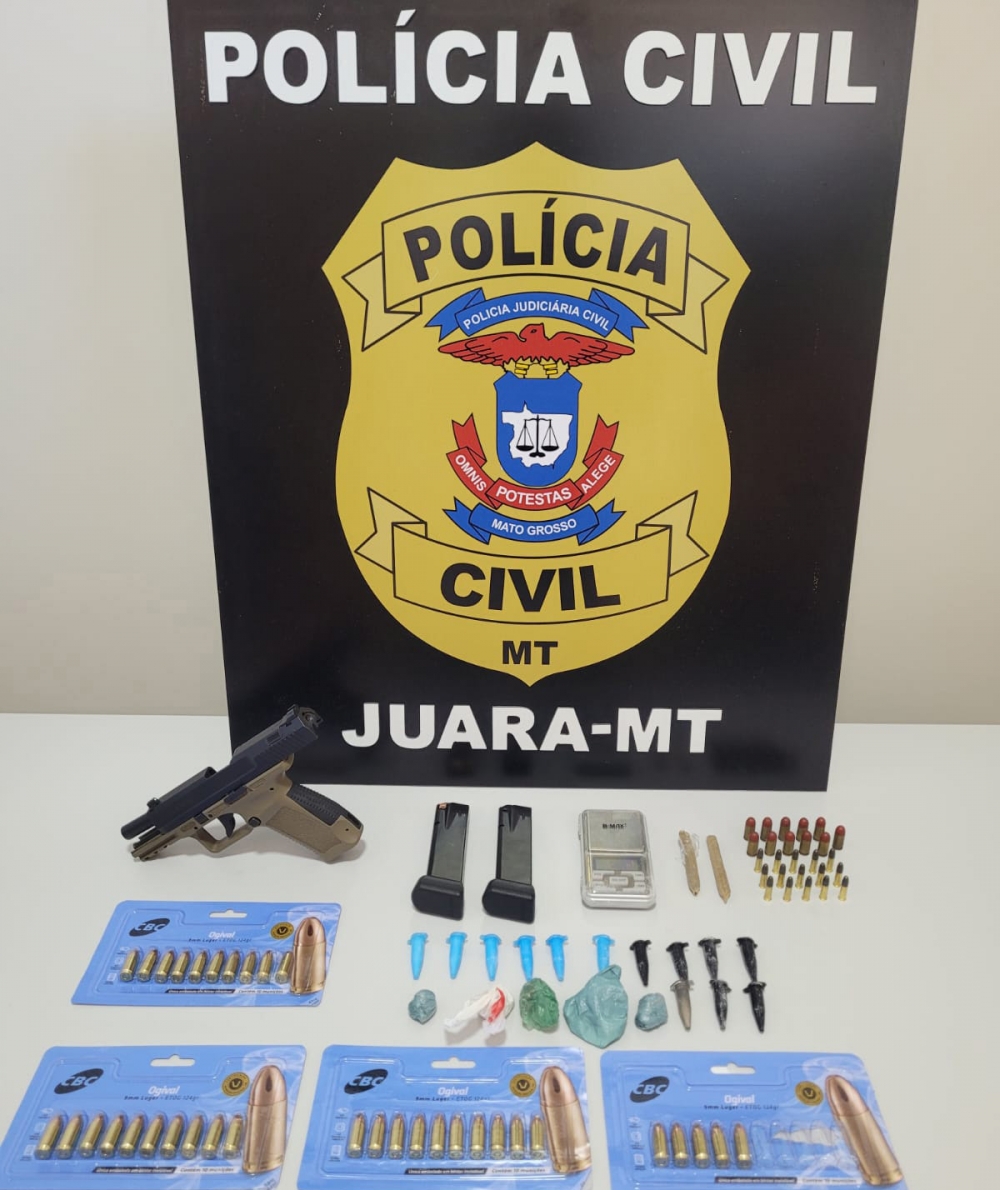 PJC de Juara prende homem com mandado de priso, portando drogas, arma e munio de uso restrito.