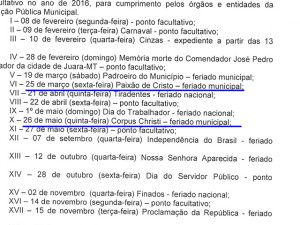 Corpus Christi e sexta-feira Santa viram feriados municipais em Juara.